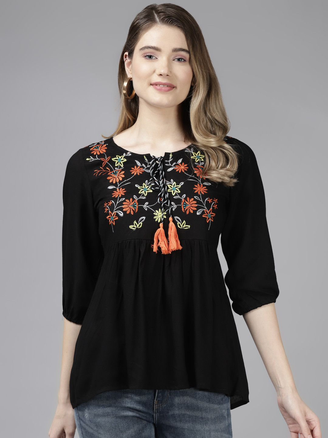 

ANAISA Women Black & Orange Floral Embroidered Tunic