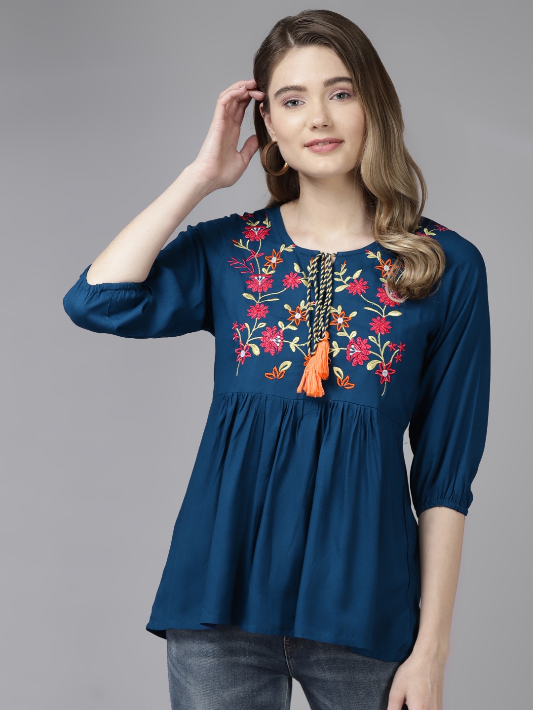 

ANAISA Women Navy Blue & Magenta Pink Floral Embroidered A-Line Tunic