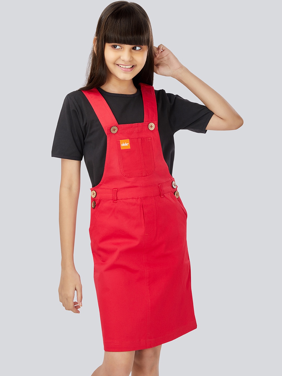 

Olele Girls Red Solid Pinafore Dress