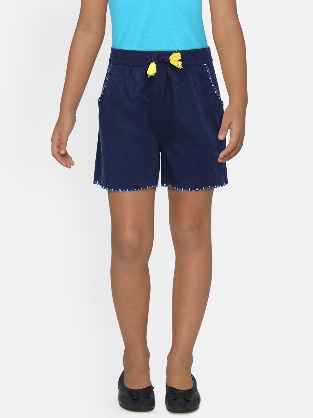 

Global Desi Girls Navy Blue Self Design Regular Fit Pure Cotton Shorts