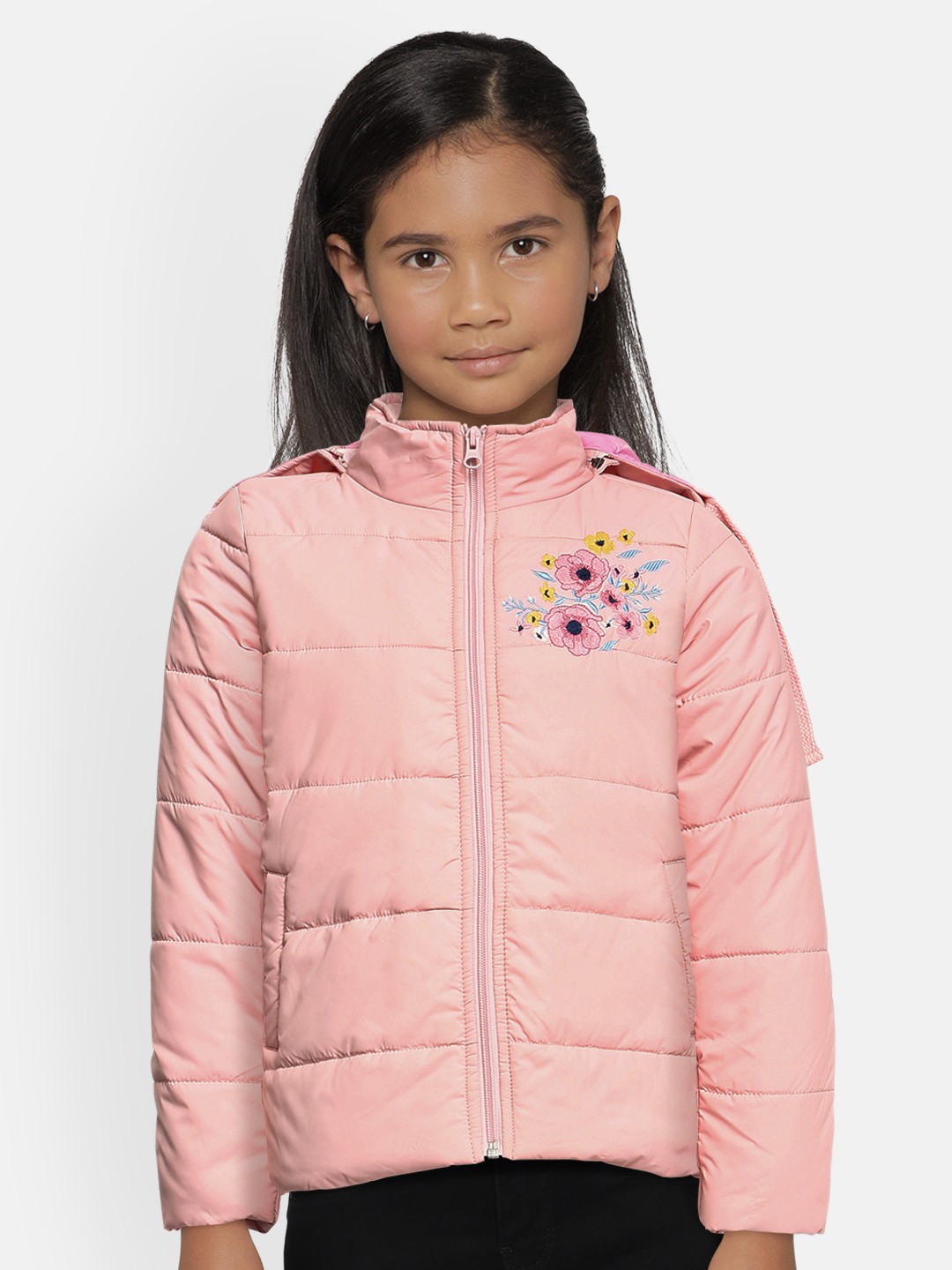 

Global Desi Girls Pink Embroidered Padded Jacket