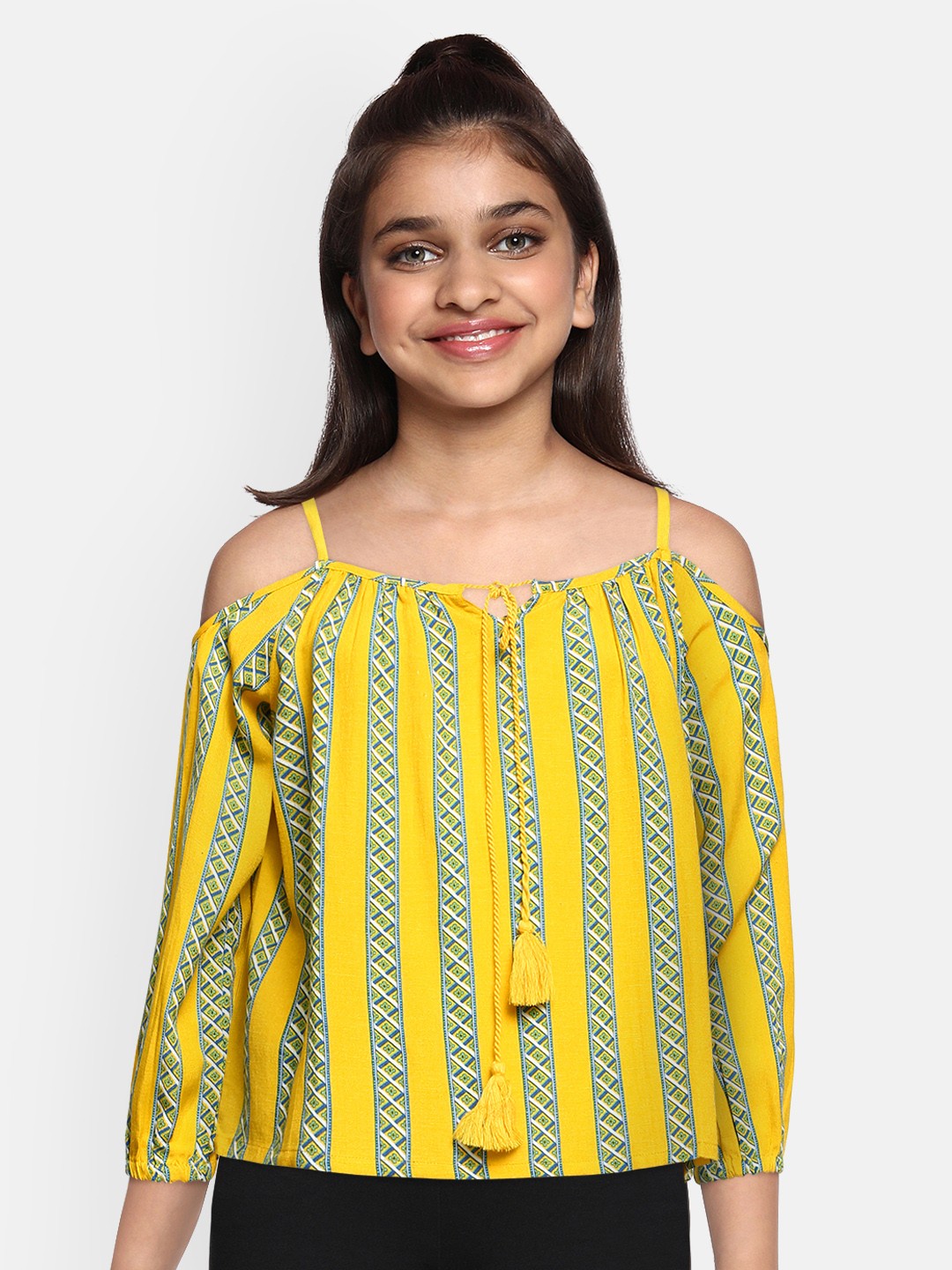 

Global Desi Girls Yellow & Blue Striped Cold-Shoulder Sleeves Bardot Top