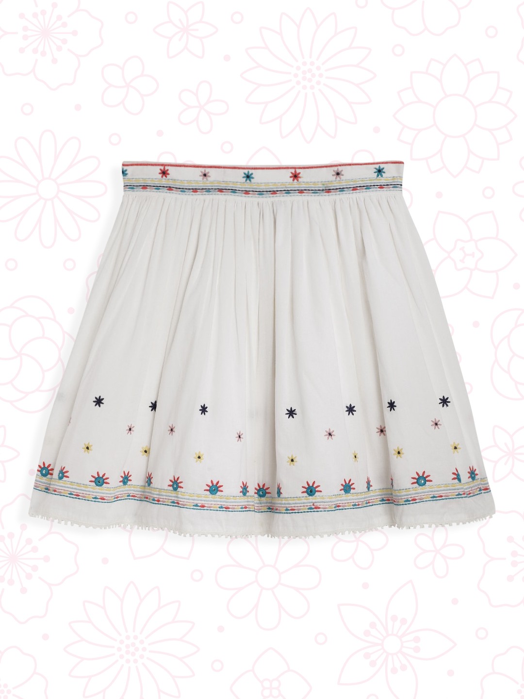 

Global Desi Girls White Embroidered Sustainable Flared Skirt