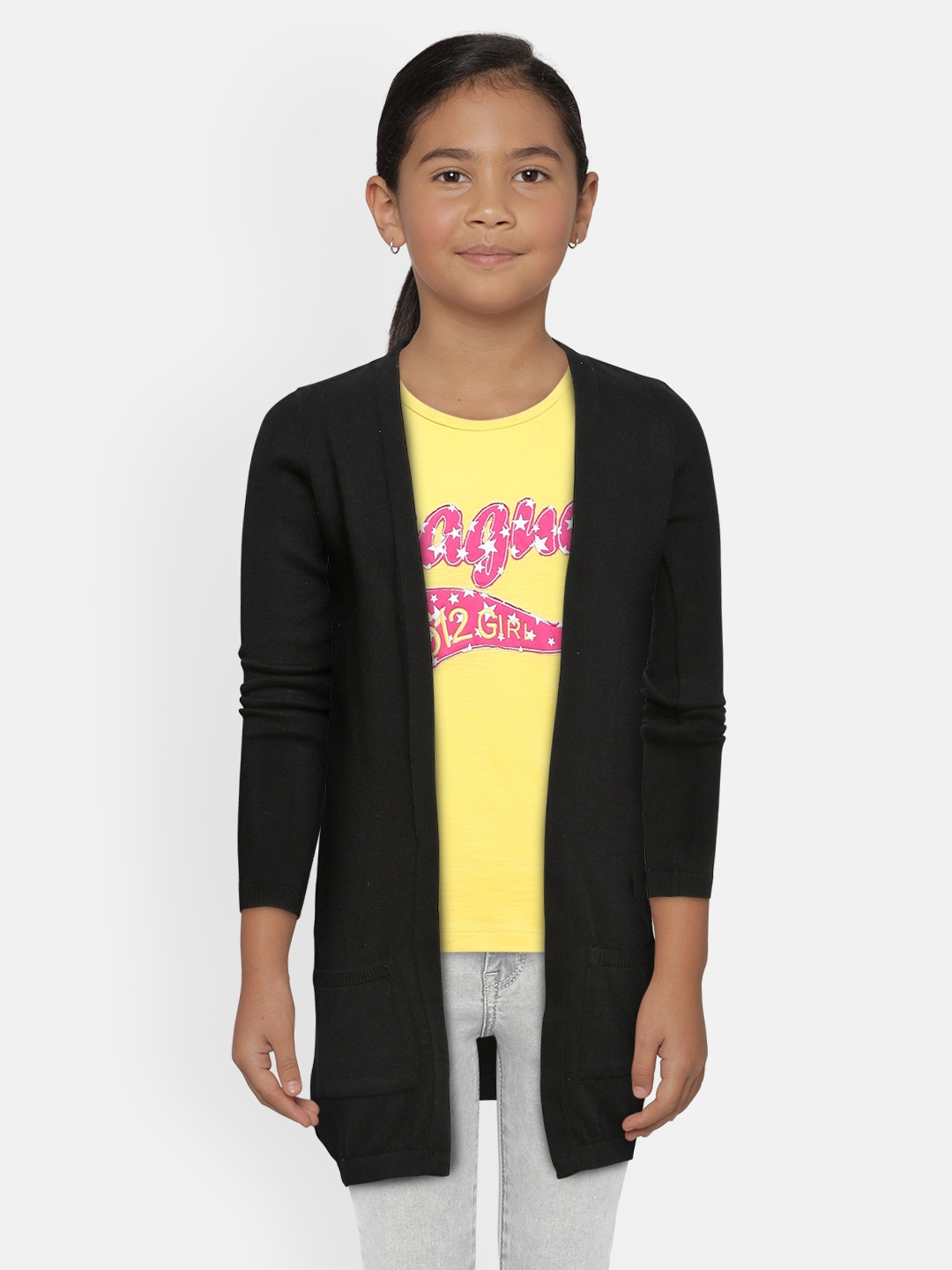 

Global Desi Girls Black Solid Pure Cotton Longline Front-Open Sweater