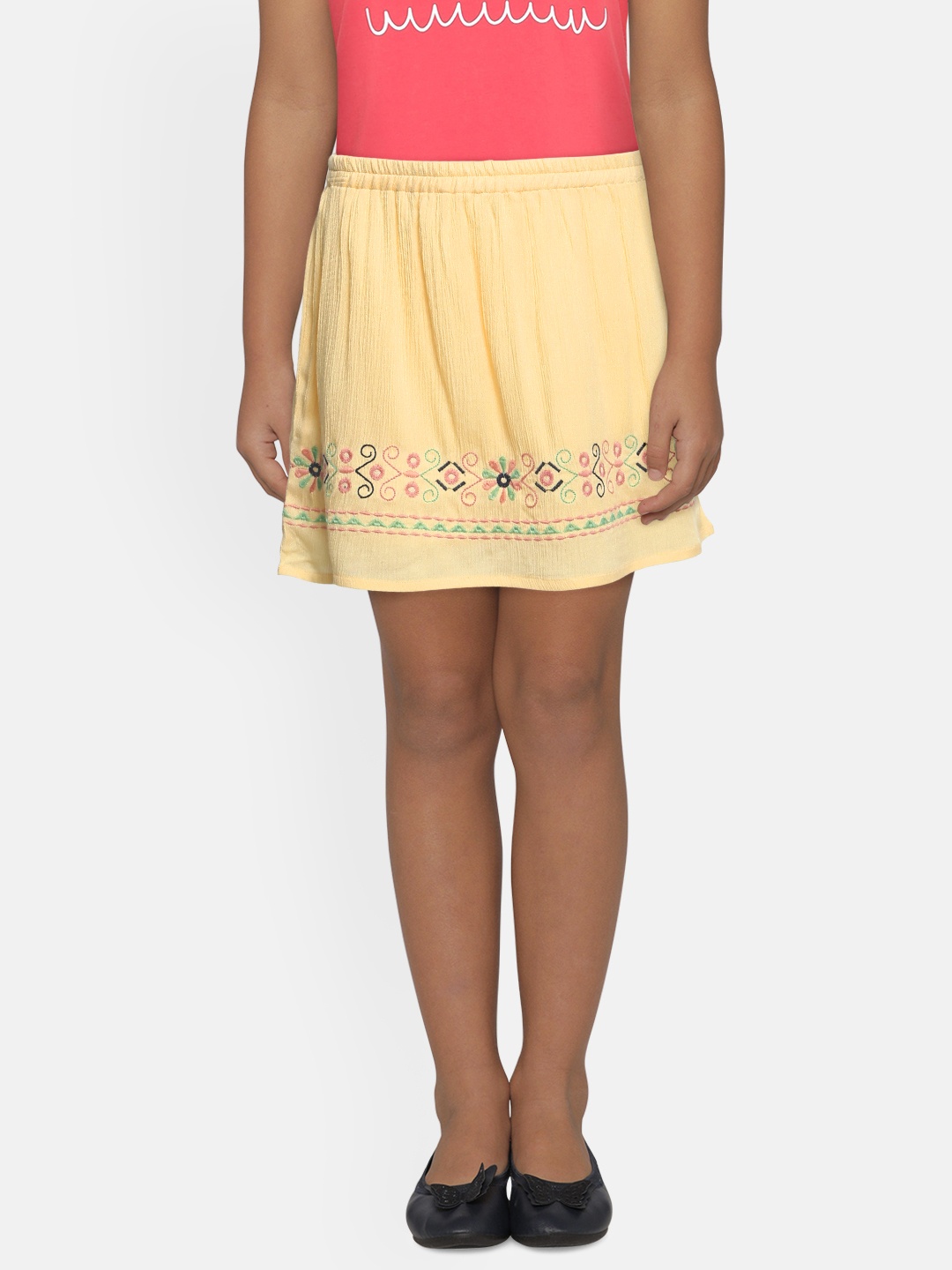 

Global Desi Girls Yellow Embroidered Flared Skirt