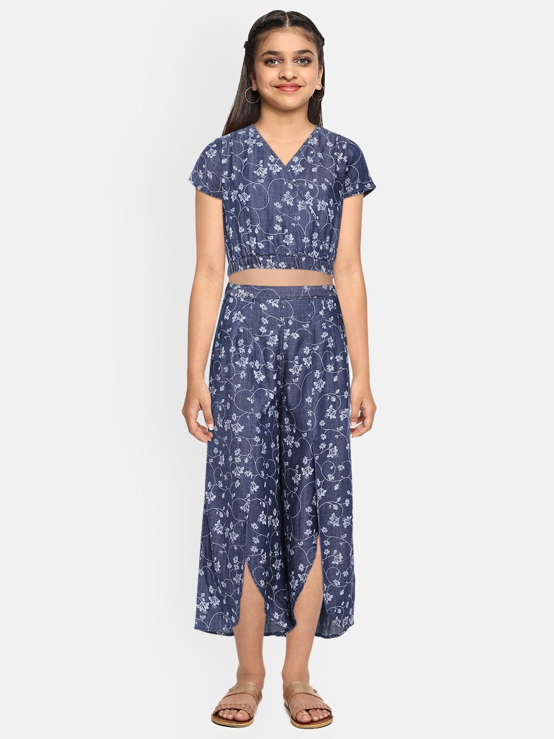 

Global Desi Girls Blue & White Floral Printed Top with Palazzos