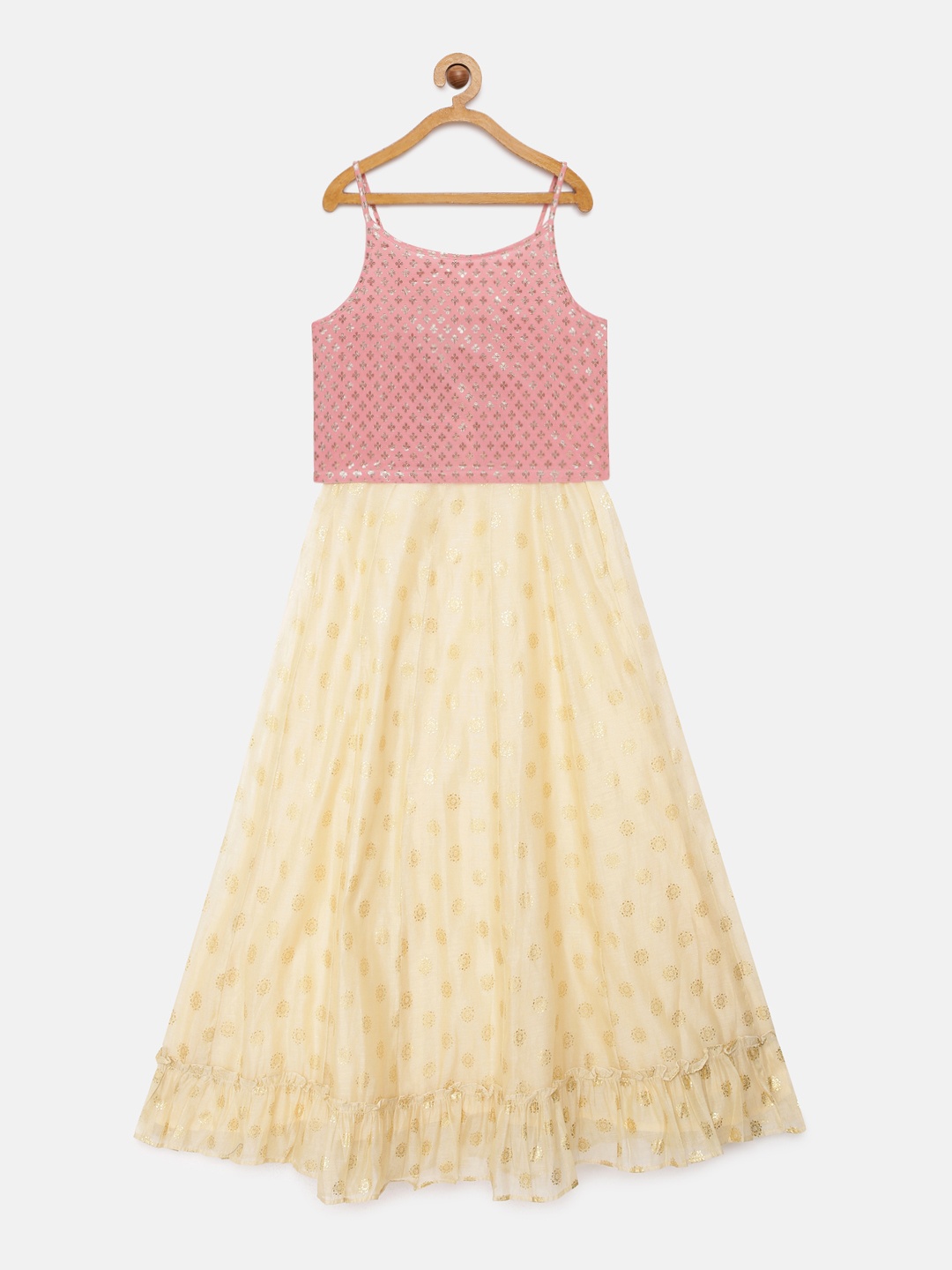 

Global Desi Girls Pink Embellished Top with Cream-Coloured Skirt