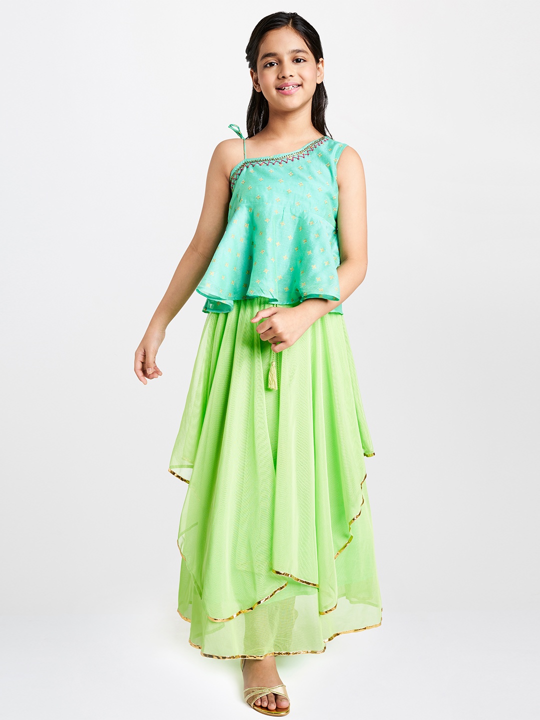 

Global Desi Girls Blue & Green Printed Top with Skirt