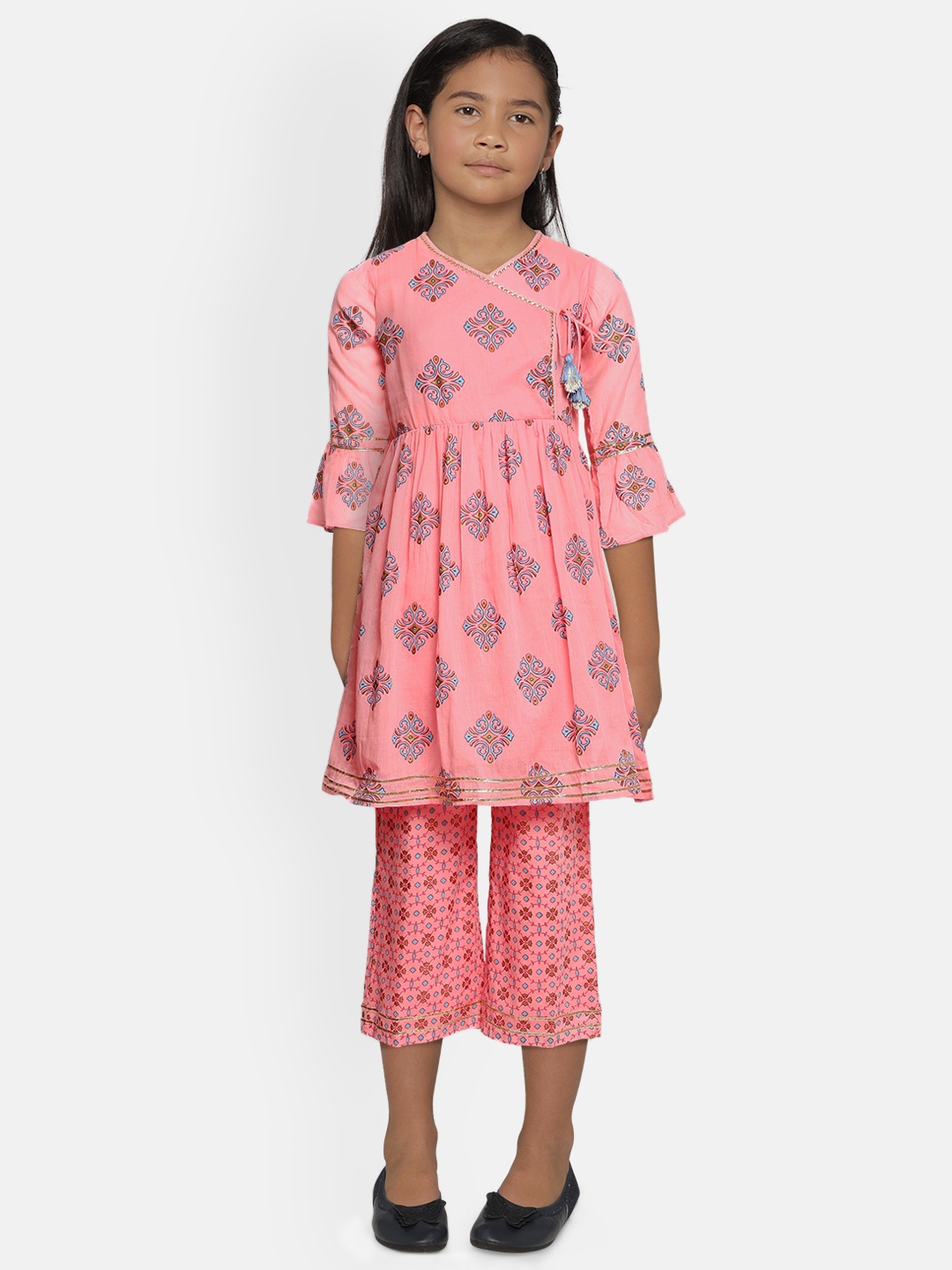 

Global Desi Girls Pink & Blue Pure Cotton Printed Kurta with Straight Fit Palazzos