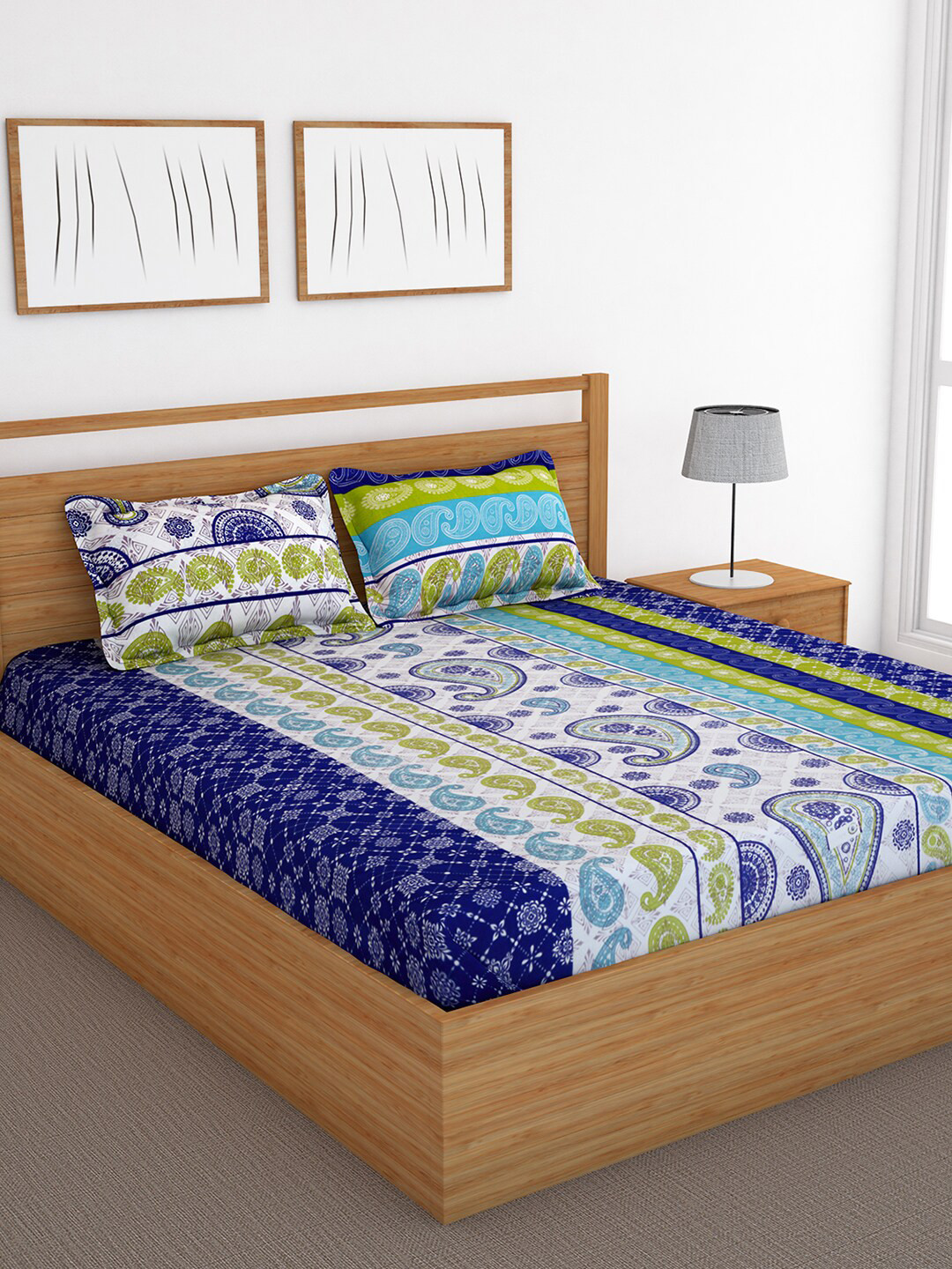 

Bedspun White & Blue Printed 120 TC Cotton Double Queen Bedsheet With 2 Pillow Covers