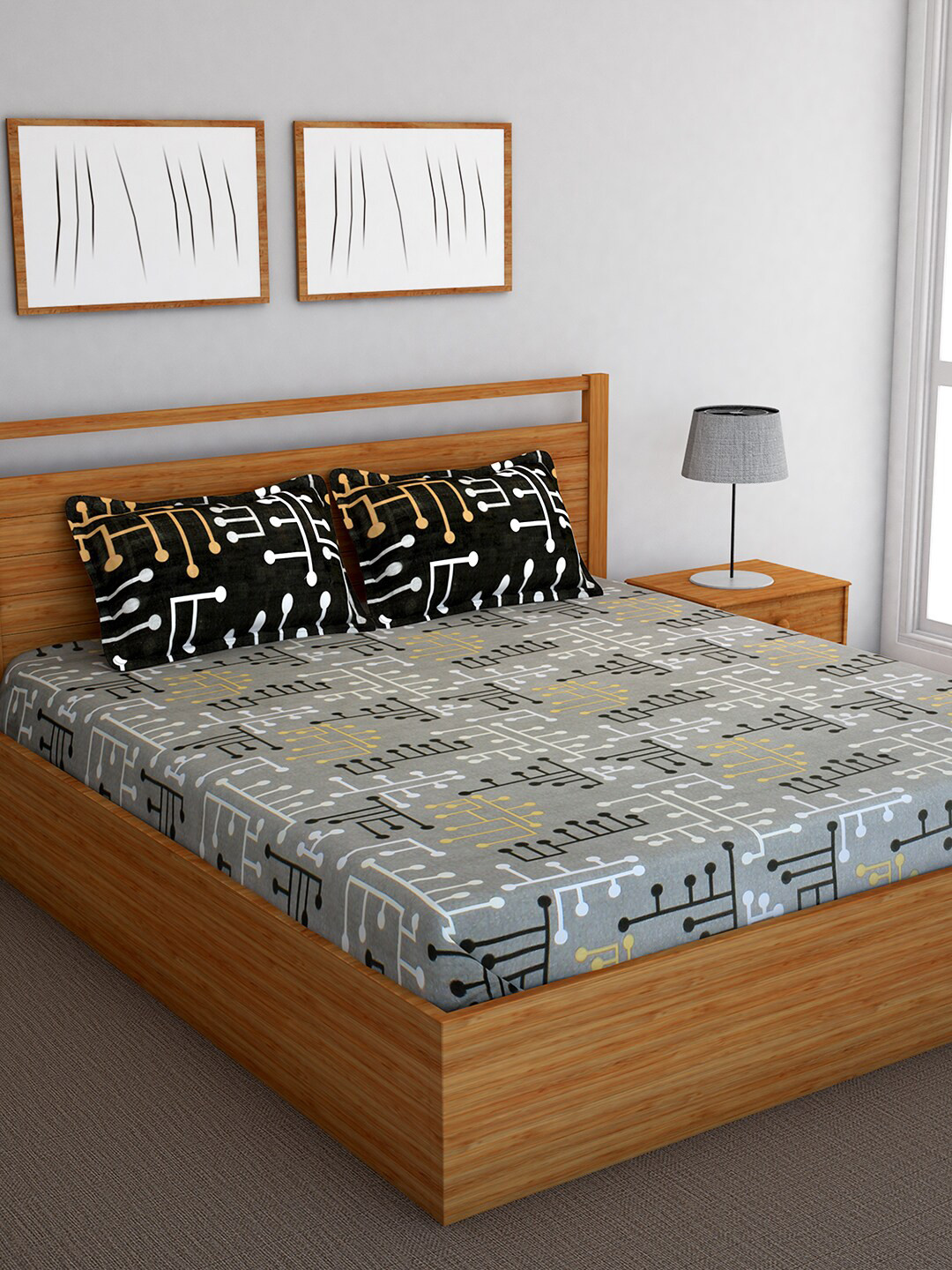 

Bedspun Grey & Black Printed 120 TC 1 Double Bedsheet With 2 Pillow Covers