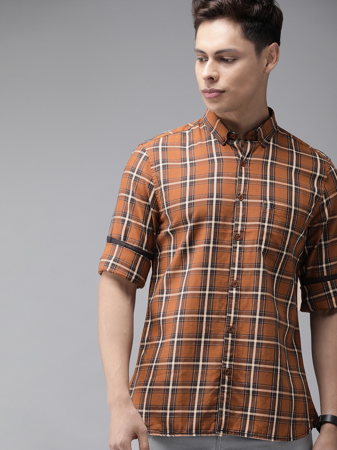 

French Connection Men Brown & Blue Slim Fit Checked Casual Shirt