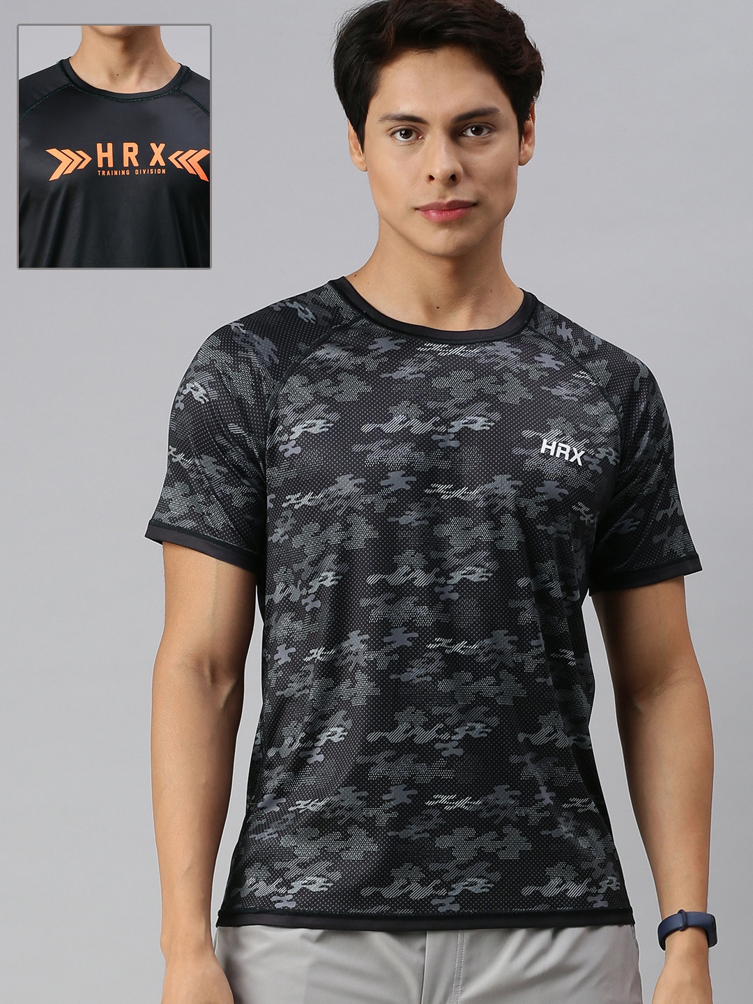 

HRX By Hrithik Roshan Men Black Camouflage Reversible Rapid-Dry Training T-shirt