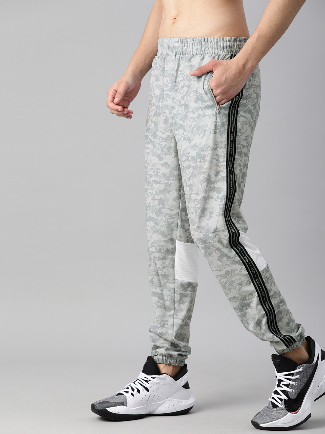 

HRX By Hrithik Roshan Men Grey Camouflage Slim Fit Mid-Rise Rapid-Dry Running Track Pants