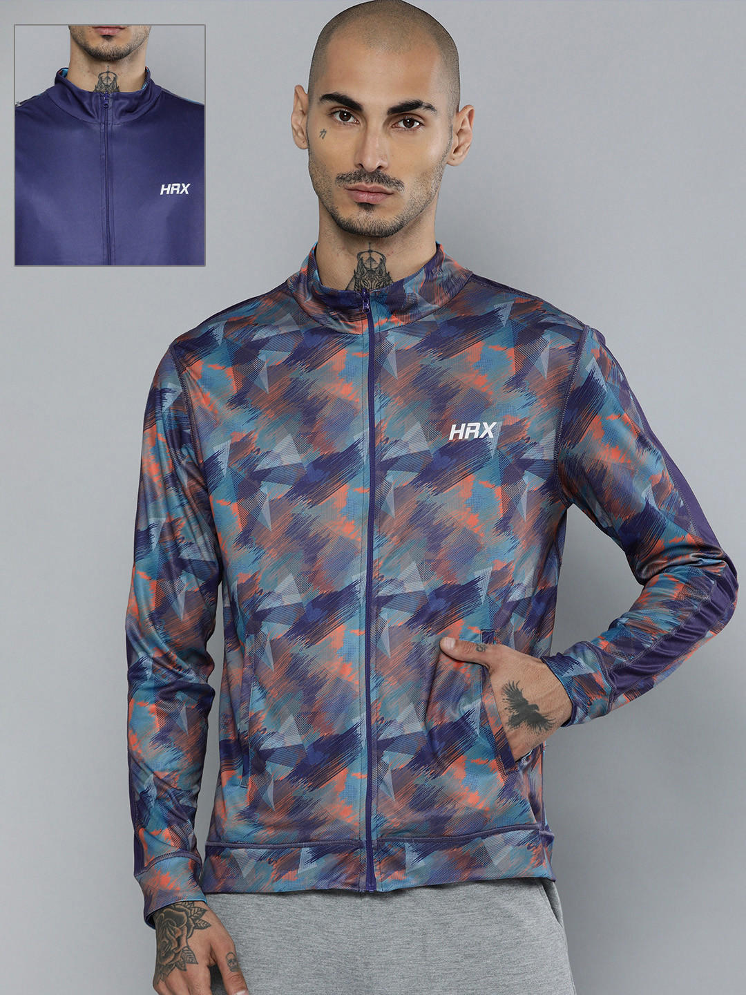 

HRX By Hrithik Roshan Men Blue AOP Reversible Rapid-Dry Antimicrobial Training Jackets, Navy blue