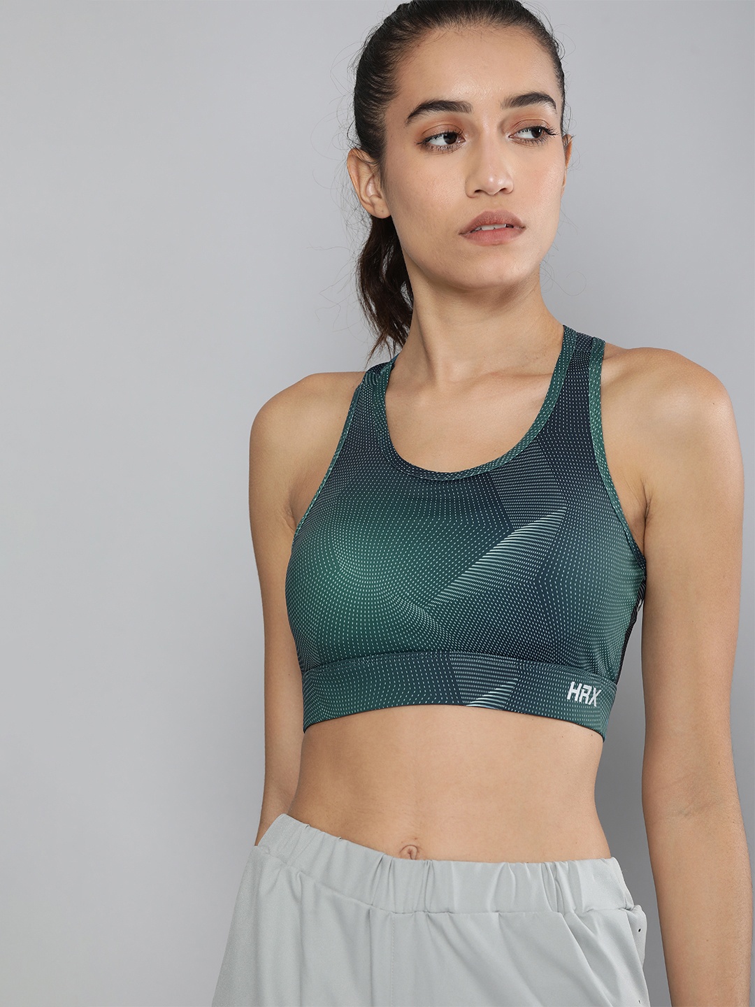 

HRX By Hrithik Roshan Deep Teal AOP Rapid-Dry Antimicrobial Running Sports Bra HR_SS21