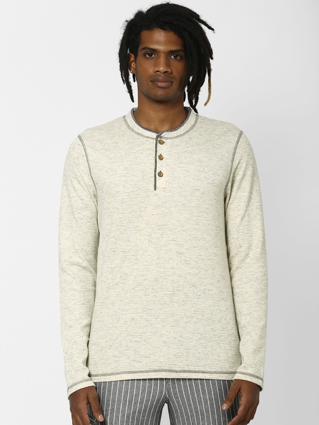 

Jack & Jones Men Off-White Solid Slim Fit Henley Neck T-shirt