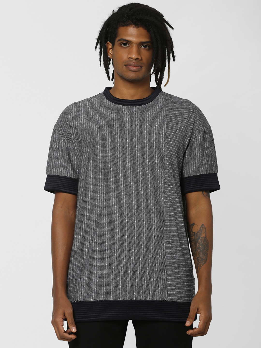 

Jack & Jones Men Black Self Design Round Neck T-shirt