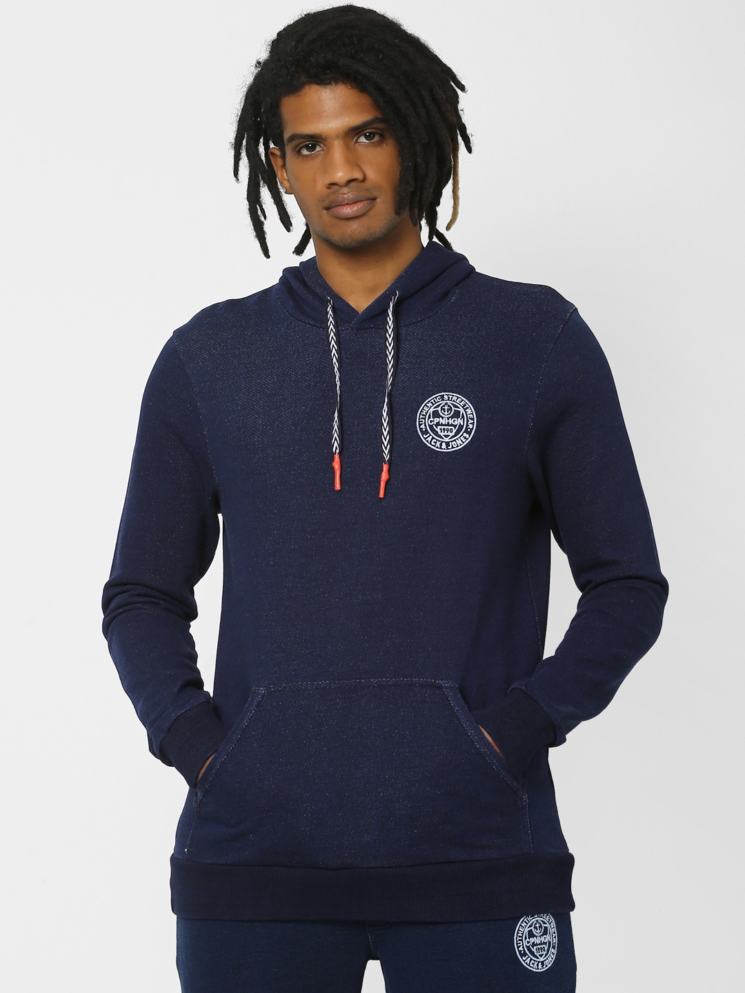 

Jack & Jones Men Navy Blue Solid Hooded Sweatshirt With Embroidery