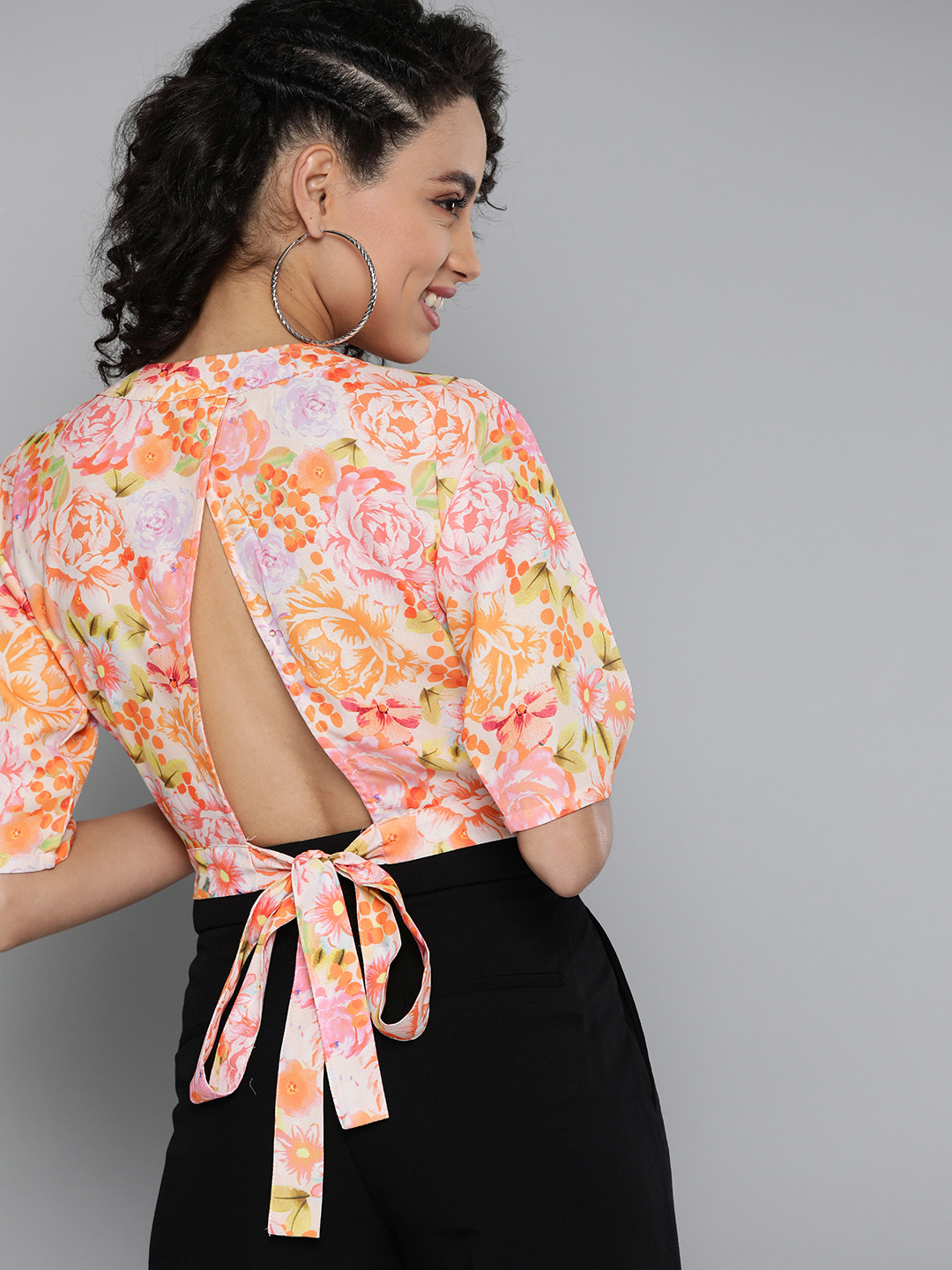 

HERE&NOW Women Peach-Coloured & Yellow Floral Printed Crop Wrap Styled Back Top