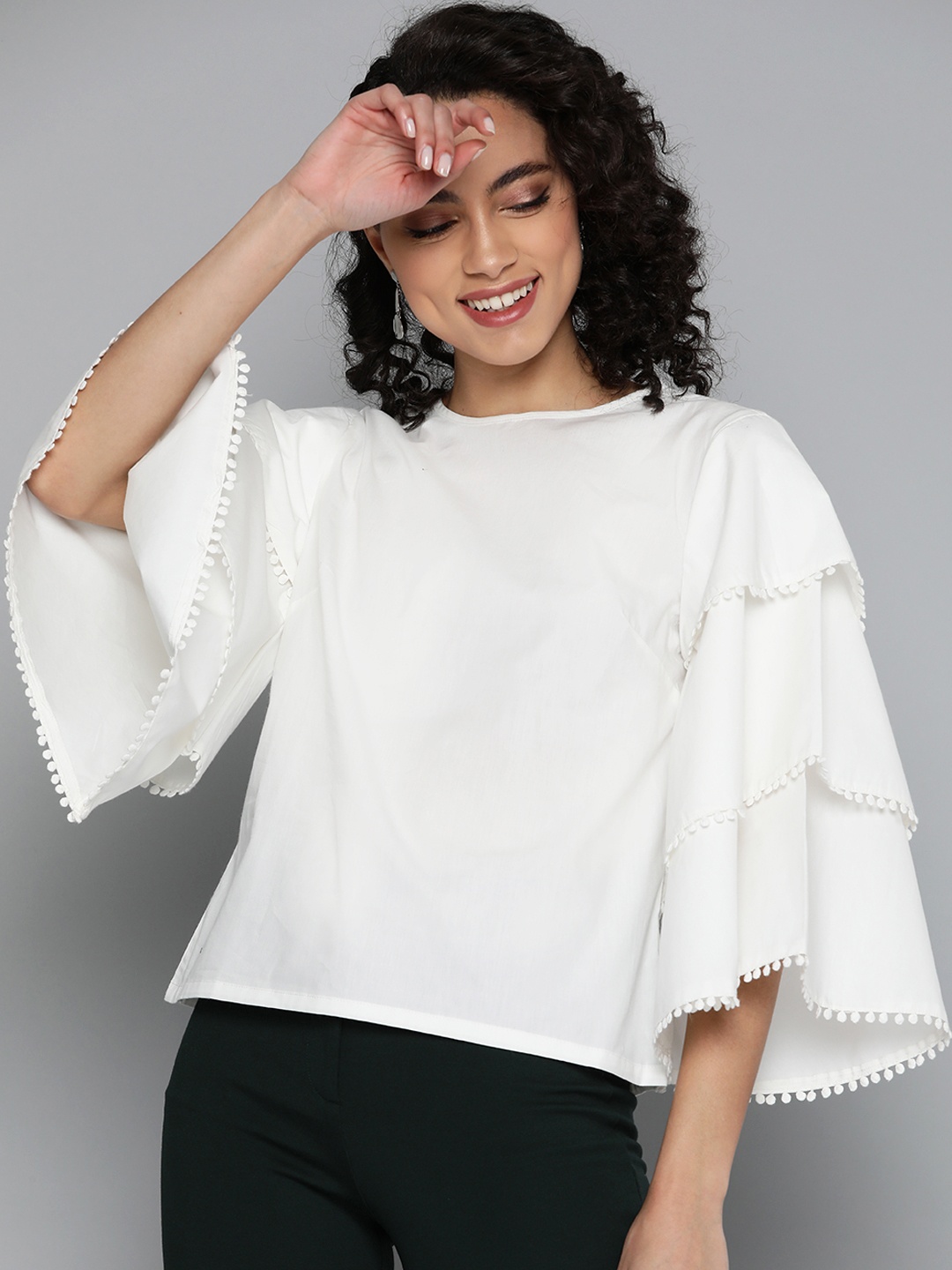 

HERE&NOW Women White Pure Cotton Solid Flared Sleeves Top