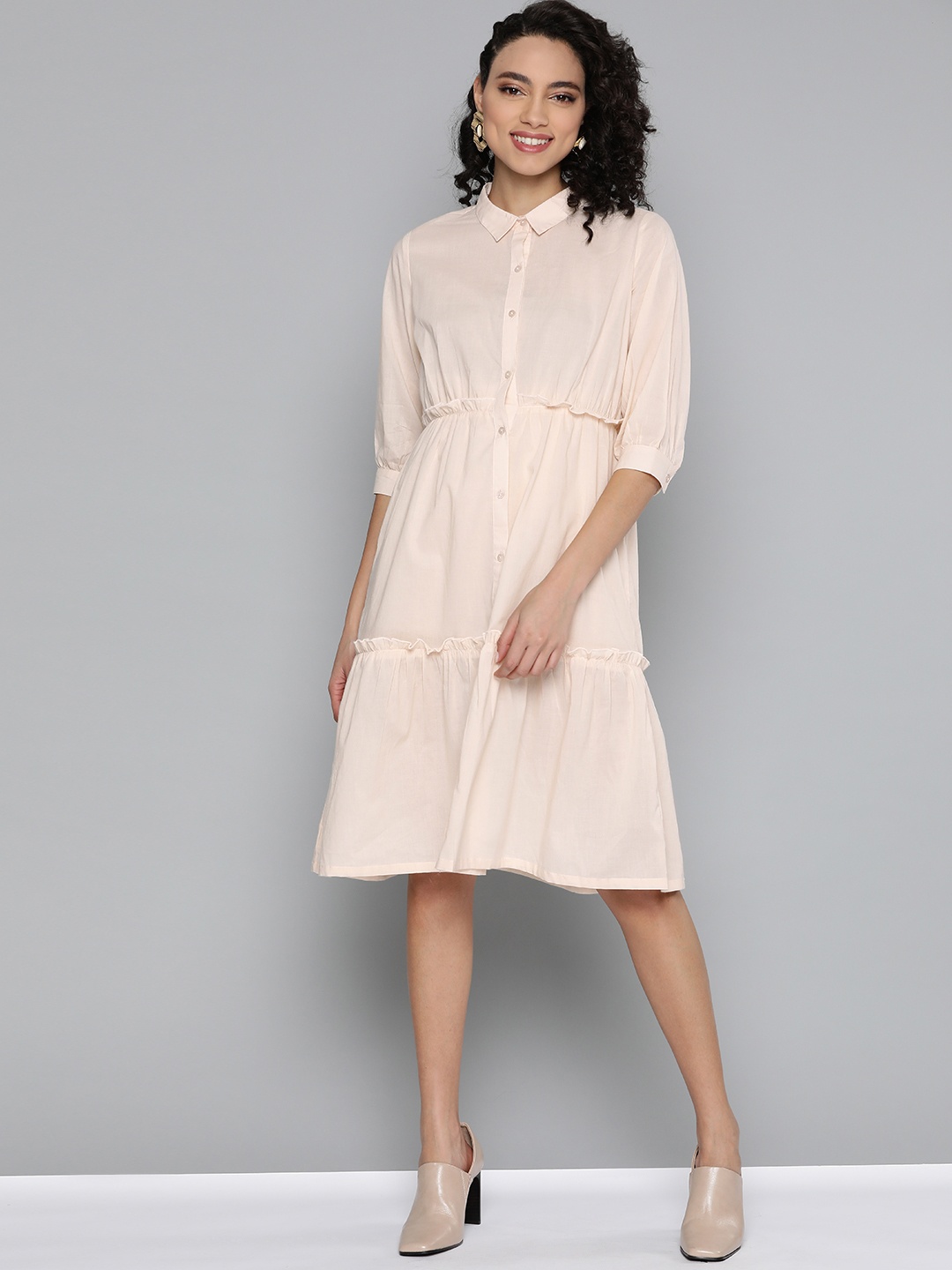 

HERE&NOW Women Cream-Coloured Pure Cotton Solid Tiered Shirt Dress