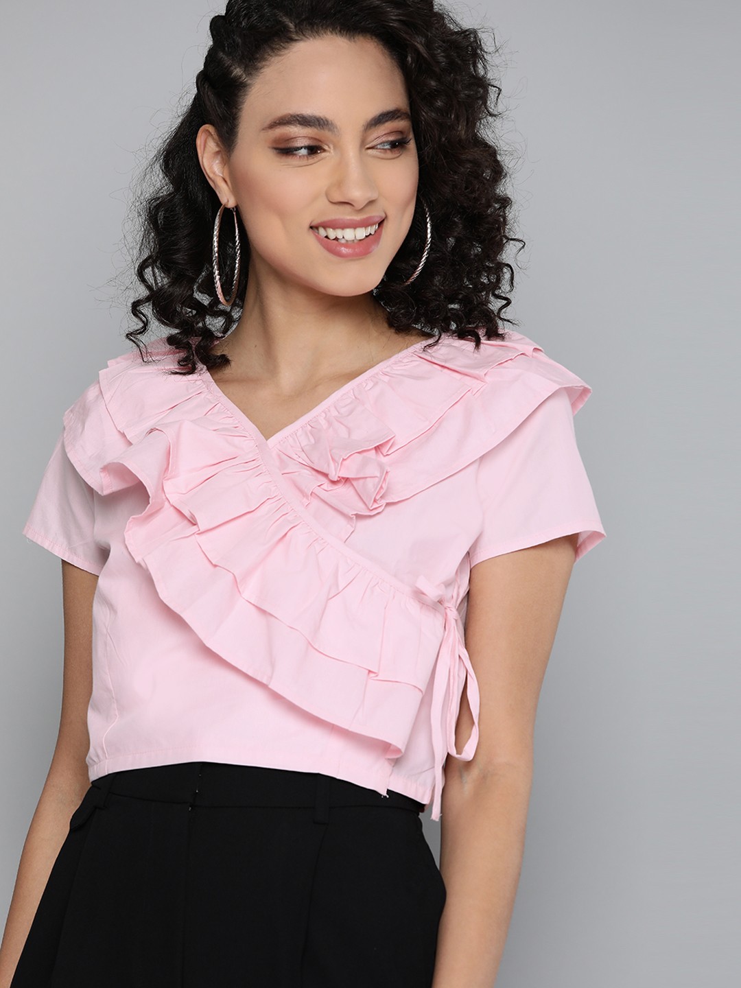 

HERE&NOW Women Pink Pure Cotton Solid Ruffled Crop Wrap Top