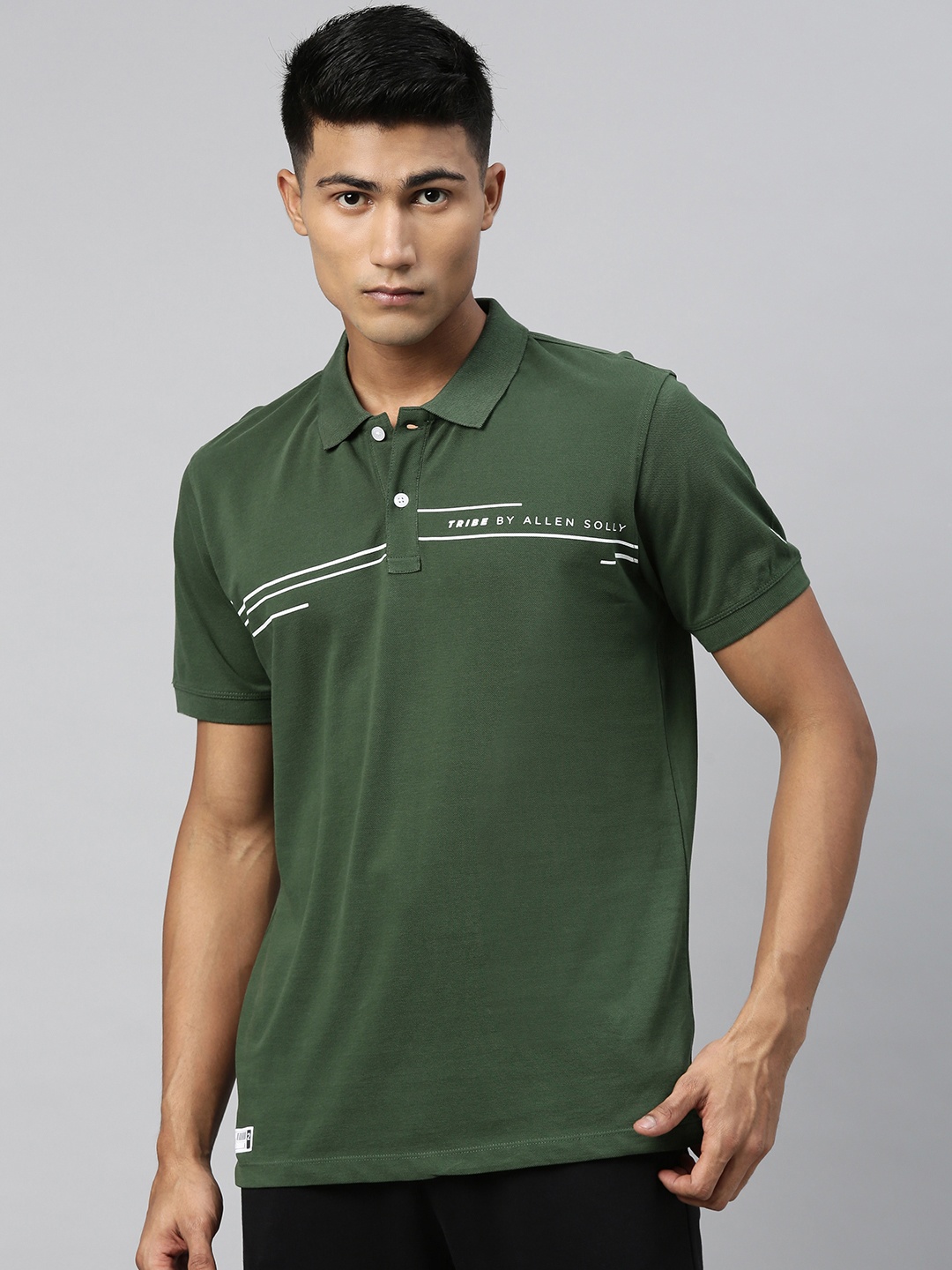 

Allen Solly Tribe Men Olive Green Solid Polo Collar Pure Cotton T-shirt with Logo Print