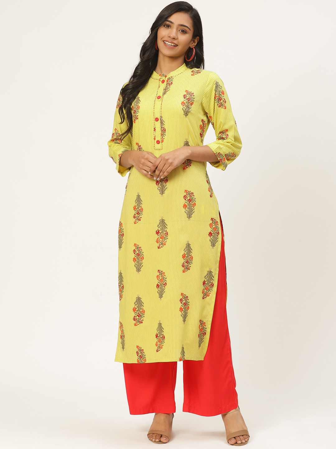 

Kurti's by Menka Women Yellow & Green Printed Straight Kurta