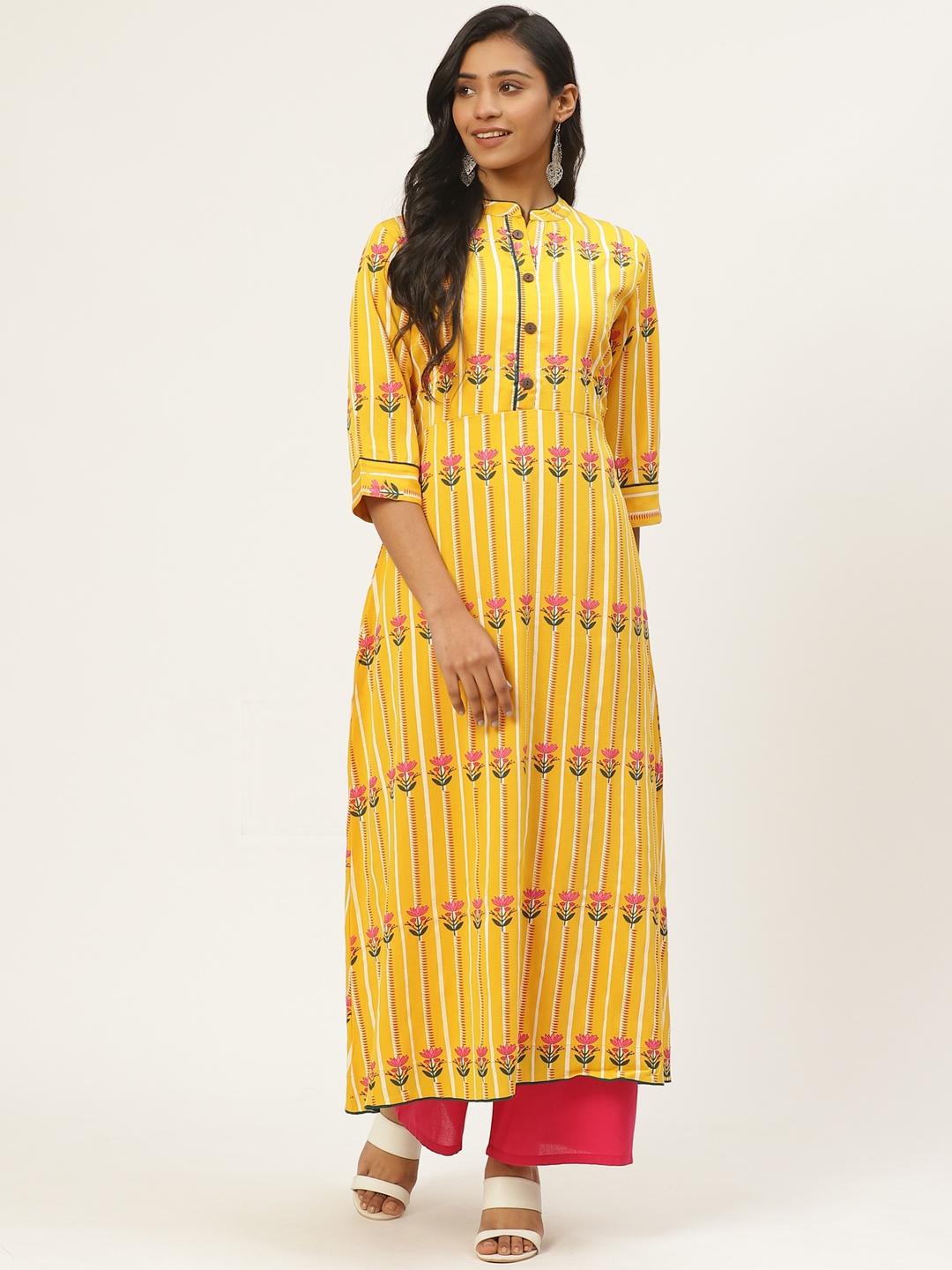 

Kurti's by Menka Women Yellow & Pink Striped Straight Kurta