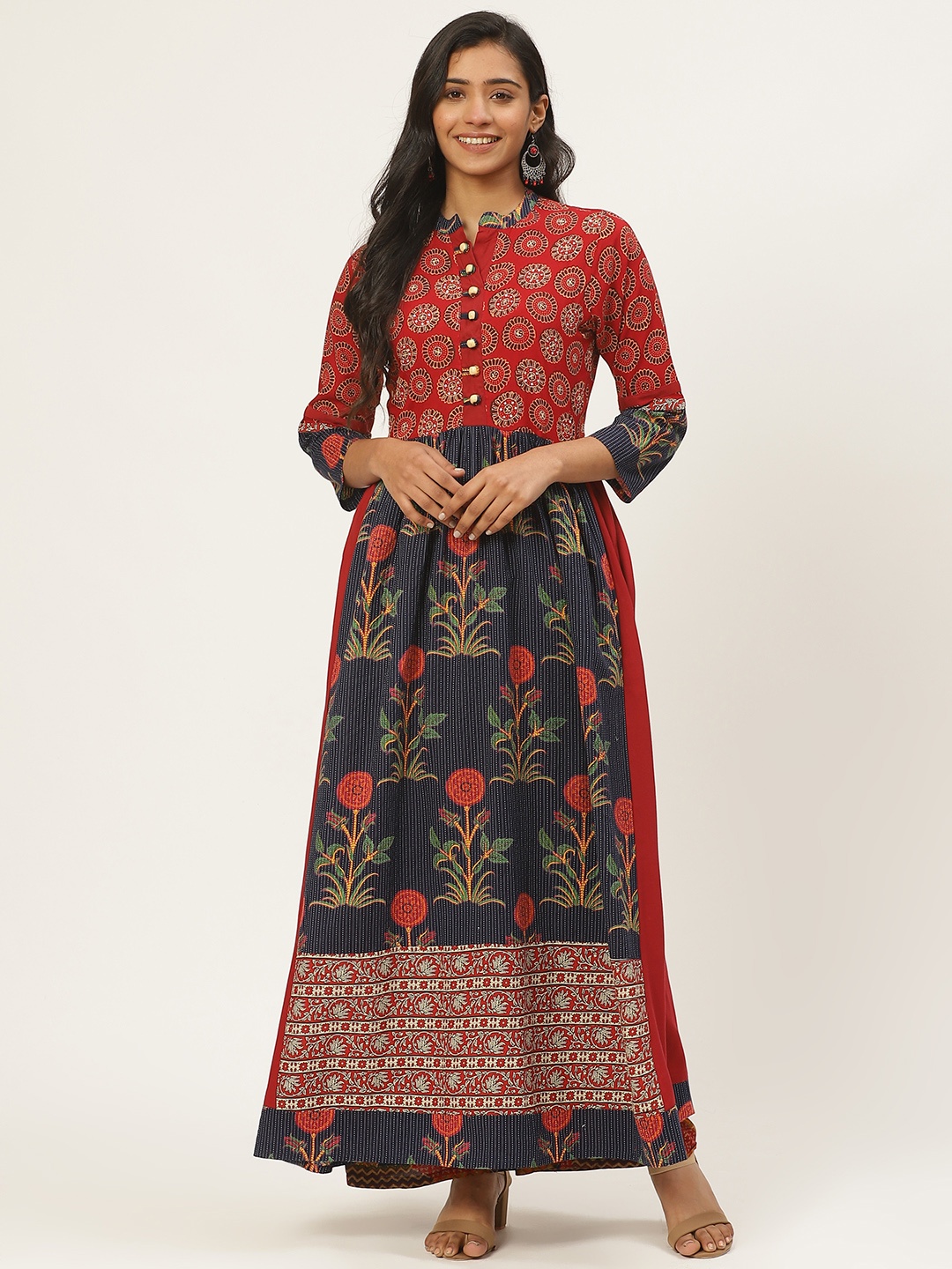 

Kurti's by Menka Women Maroon & Navy Blue Printed Pure Cotton A-Line Kurta