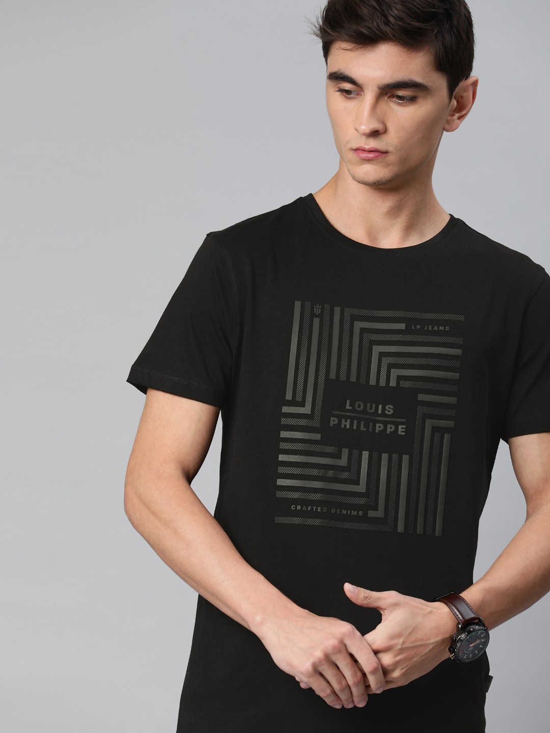 

Louis Philippe Jeans Men Black Printed Round Neck Pure Cotton T-shirt