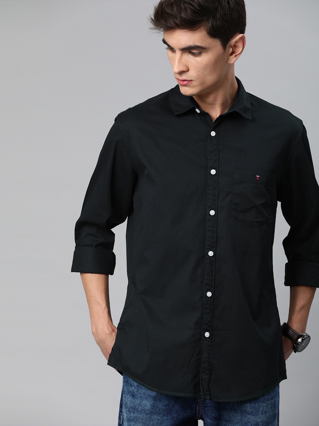 

Louis Philippe Jeans Men Navy Blue Slim Fit Solid Pure Cotton Casual Shirt