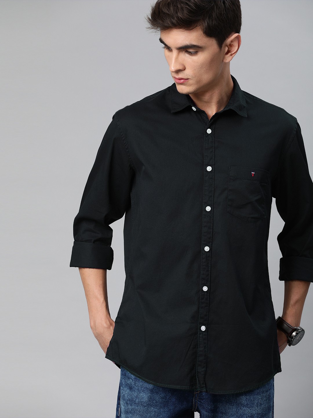 

Louis Philippe Jeans Men Navy Blue Slim Fit Solid Pure Cotton Casual Shirt