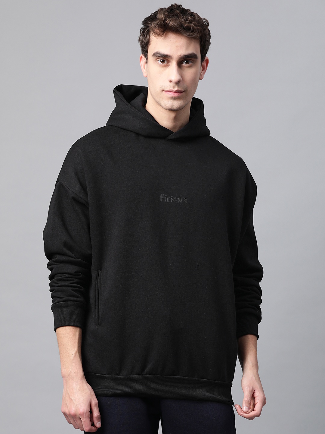 

Fitkin Men Black Solid Hooded Winter Sweatshirt With Brand Logo Print Detail