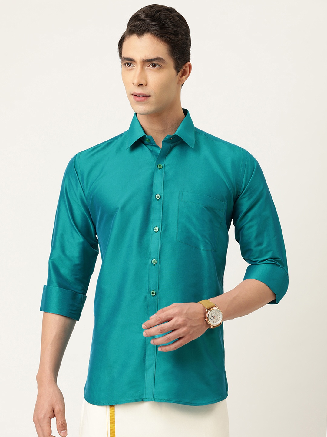 

THANGAMAGAN Men Turquoise Blue Regular Fit Solid Ethnic Shirt