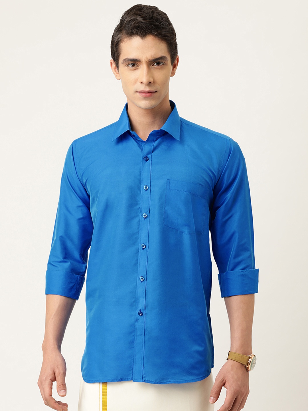 

THANGAMAGAN Men Blue Regular Fit Solid Ethnic Shirt