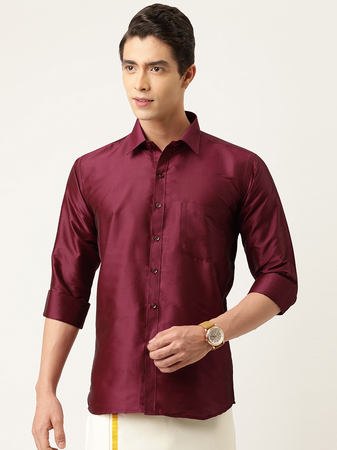 

THANGAMAGAN Men Magenta Pink Regular Fit Solid Ethnic Shirt