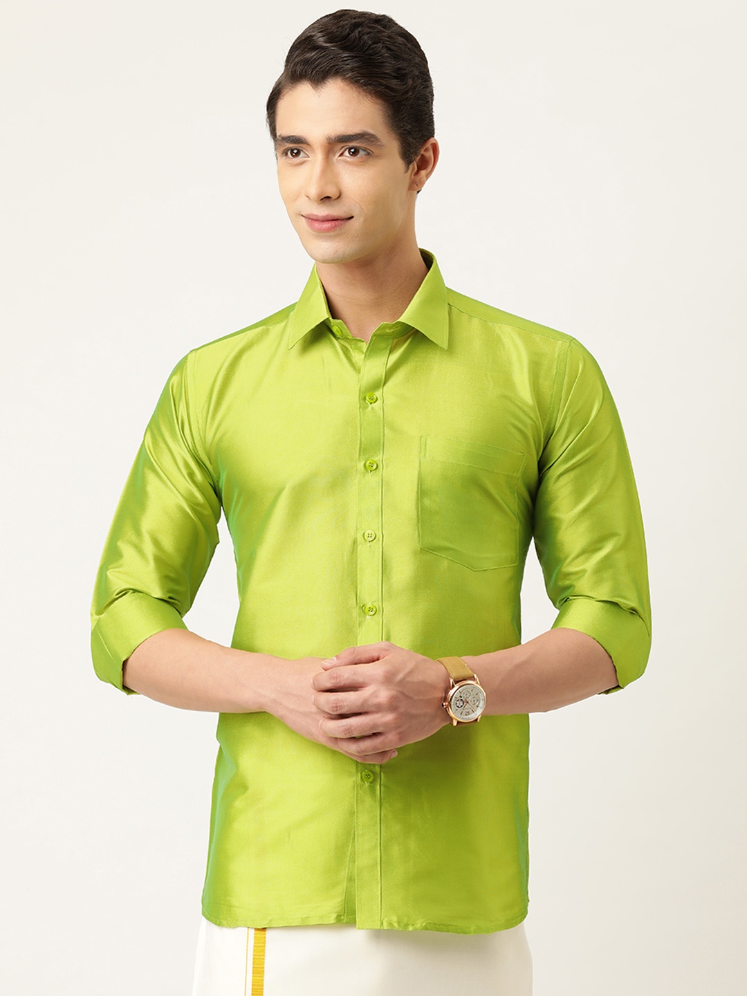 

THANGAMAGAN Men Green Regular Fit Solid Ethnic Shirt