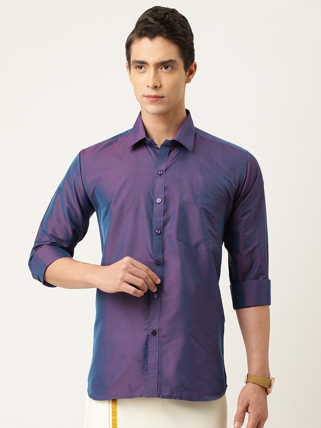 

THANGAMAGAN Men Purple Regular Fit Solid Ethnic Shirt