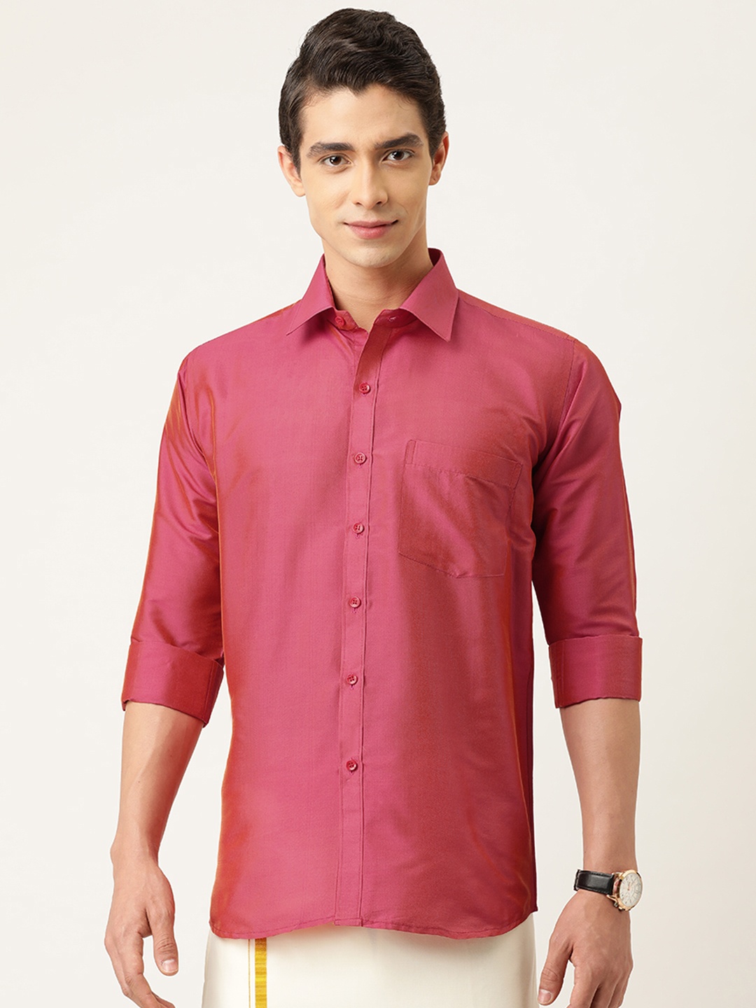 

THANGAMAGAN Men Pink Regular Fit Solid Casual Shirt