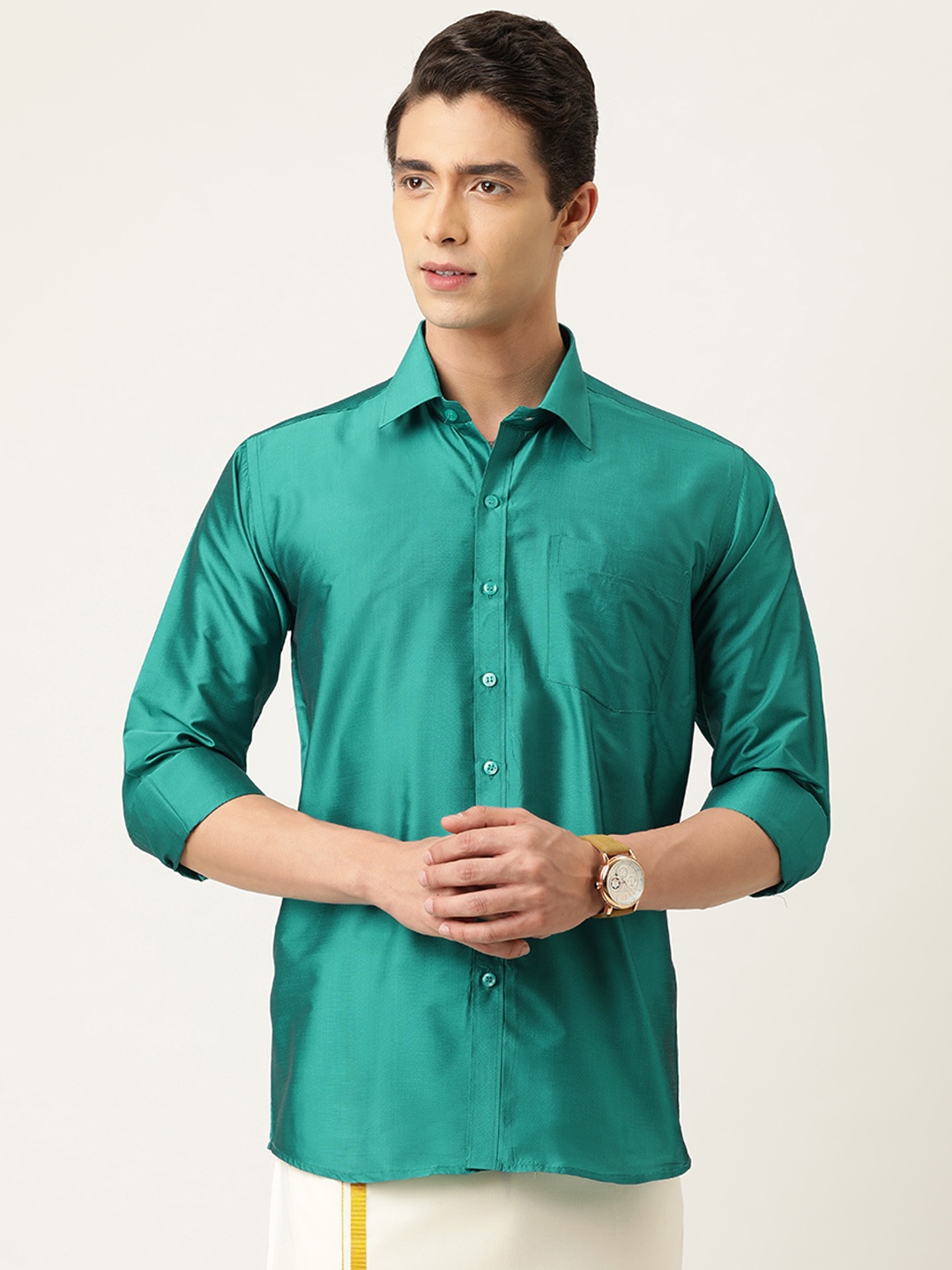 

THANGAMAGAN Men Teal Green Regular Fit Solid Ethnic Shirt