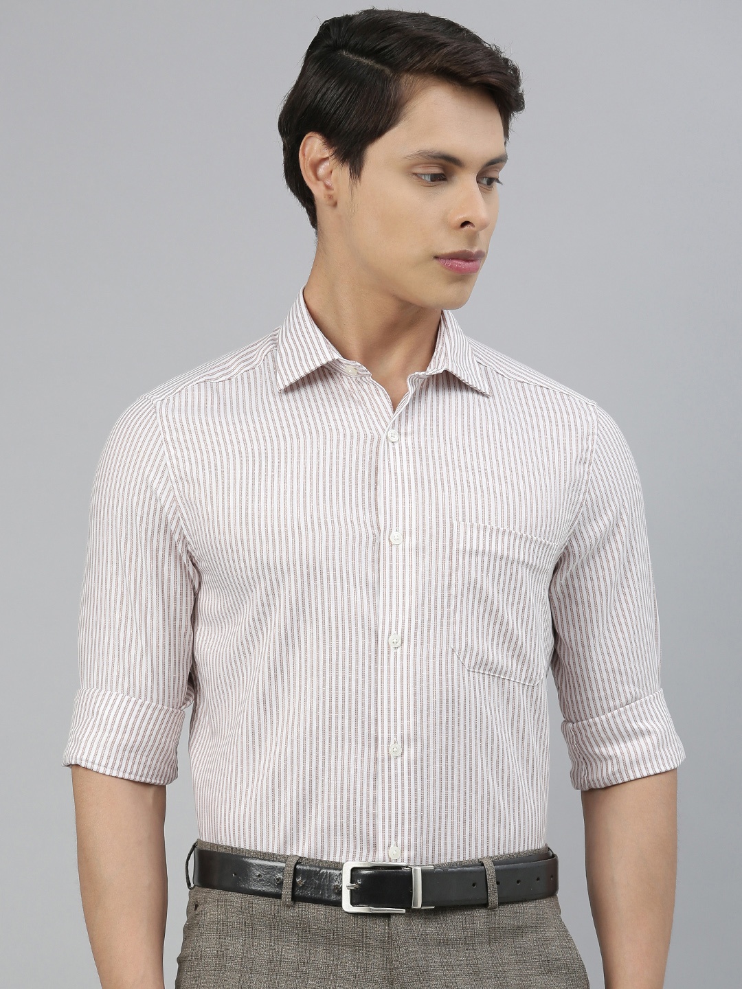 

Louis Philippe Men Brown & White Regular Fit Striped Formal Shirt