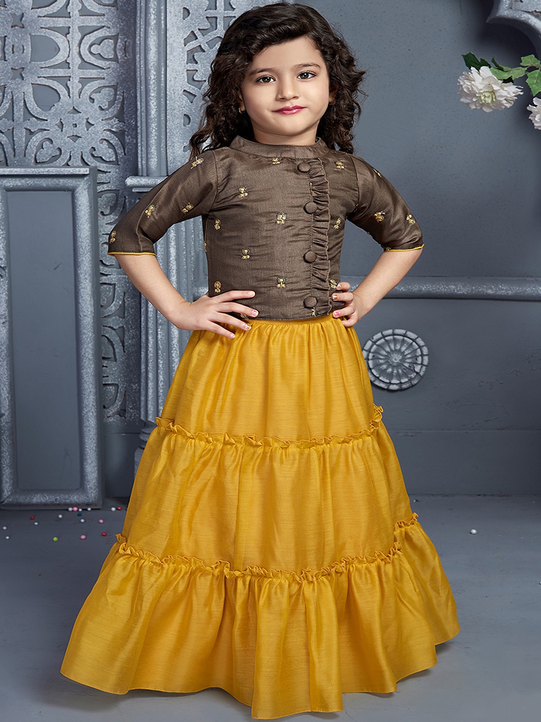

BETTY Girls Mustard Yellow & Brown Embellished Ready To Wear Lehenga & Choli