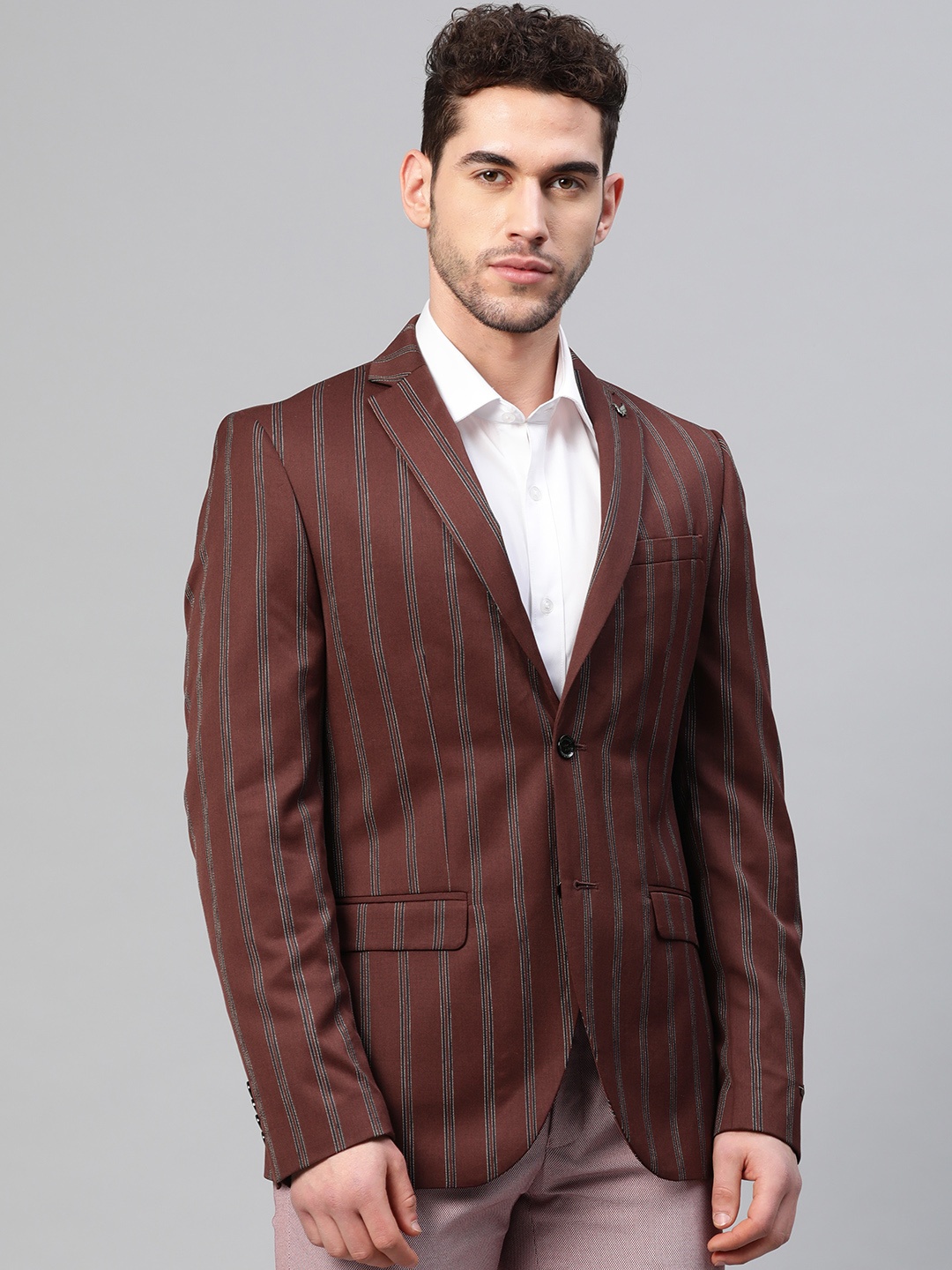 

Blackberrys Men Wine-Coloured & Navy Blue Slim Striped Single-Breasted Smart Casual Blazer, Maroon