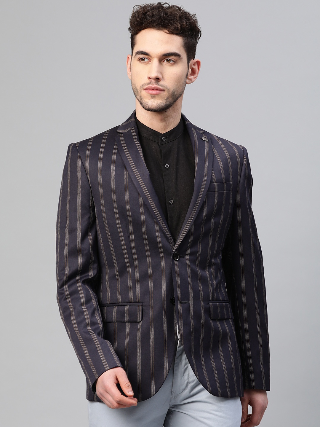 

Blackberrys Men Navy Blue & Brown Slim Fit Striped Single-Breasted Smart Casual Blazer