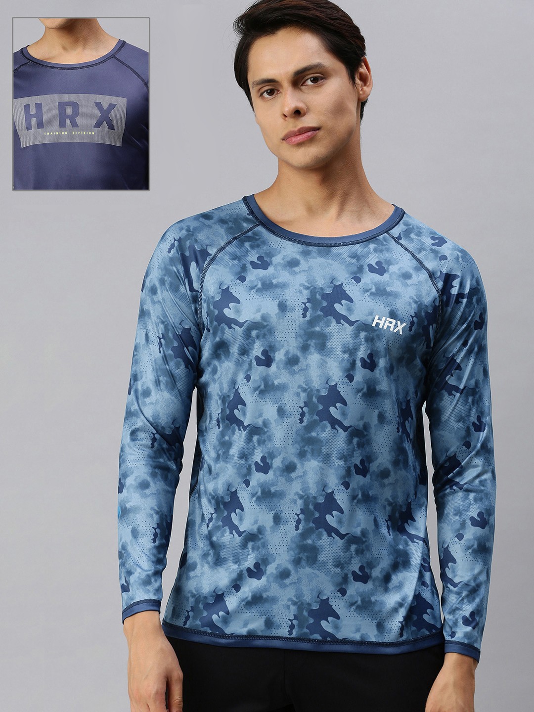 

HRX By Hrithik Roshan Men Estate Blue Camouflage Reversible Rapid-Dry Training Tshirt
