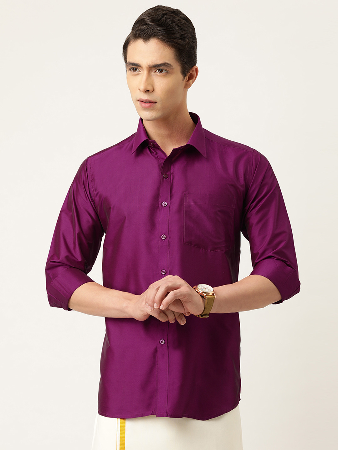 

THANGAMAGAN Men Magenta Regular Fit Solid Ethnic Shirt