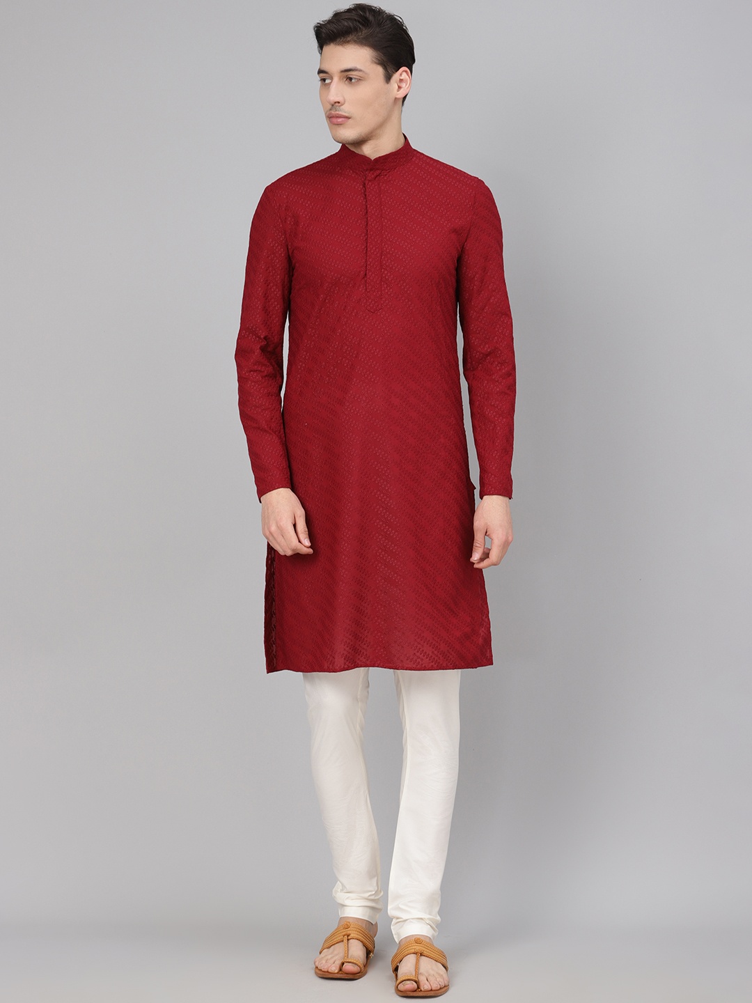 

Readiprint Fashions Men Maroon & Off-White Chikankari Embroidered Kurta with Churidar