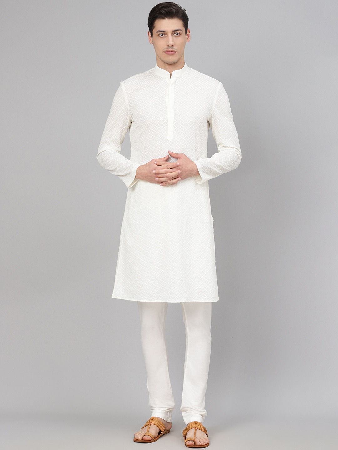 

Readiprint Fashions Men Cream Chikankari Embroidered Kurta with Churidar